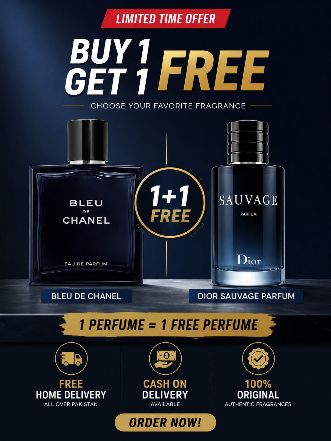 Dior Sauvage & Blue de Chanel( Buy 1 Get 1 Free) Perfume Offer